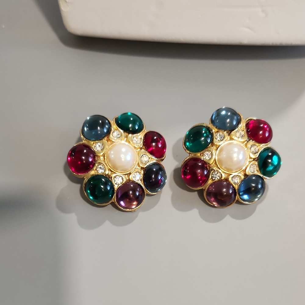 Blanca Signed Multicolor Faux Gemstone Earrings- Clipons